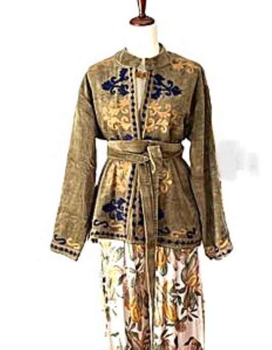 Specialty Collection: Easy, Tailored Short Jacket, Hand Embroidered. (Khaki)
