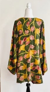 Best Seller: 4 Button Short Kantha Cotton Tunic is Seasonless (Mustard Floral)