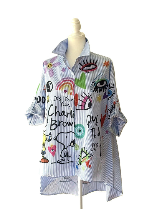 Tops: Italian, One Size Light Blue Striped Cotton "Charlie Brown".