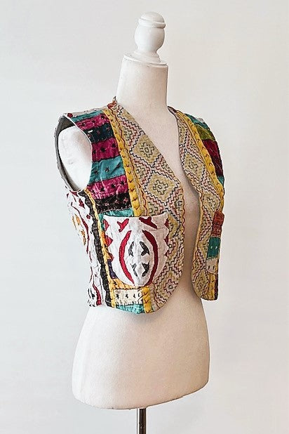 Patchwork Short Kantha Vest (Dark colors)