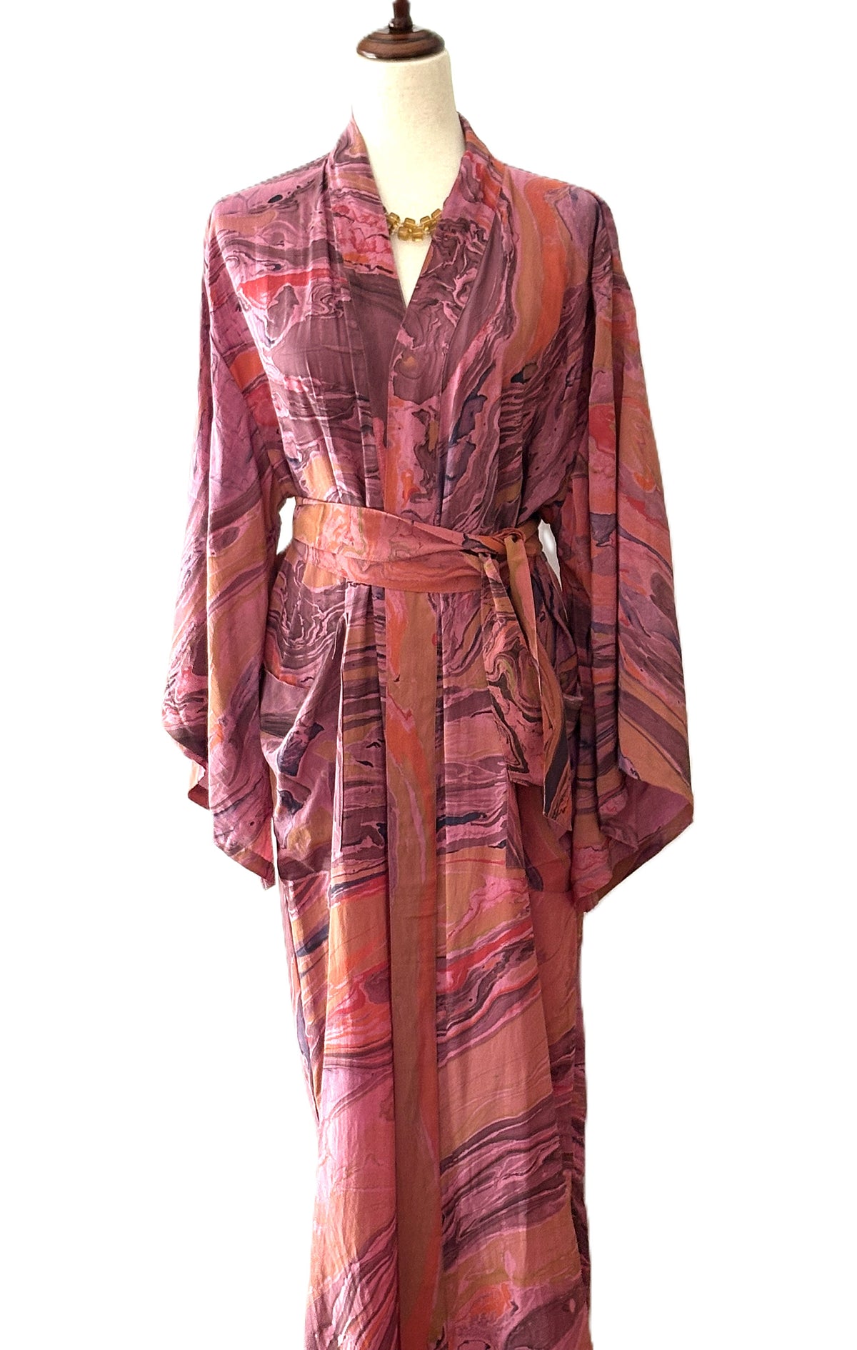 Traditional Long Silk Kimono Duster In A Watercolor Print (Pink)