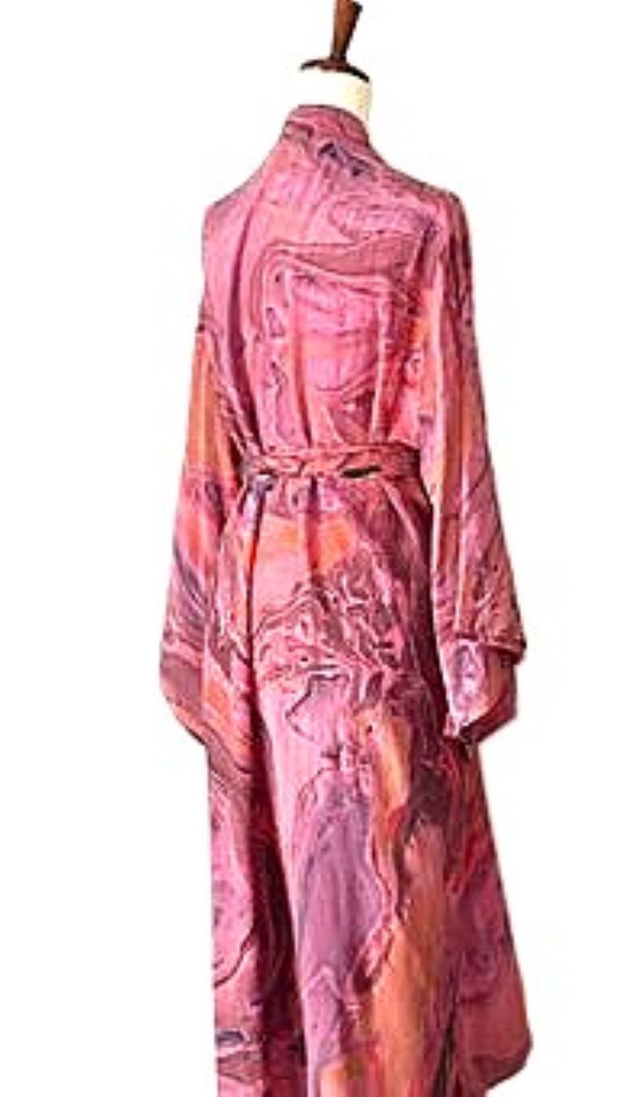 Traditional Long Silk Kimono Duster In A Watercolor Print (Pink)