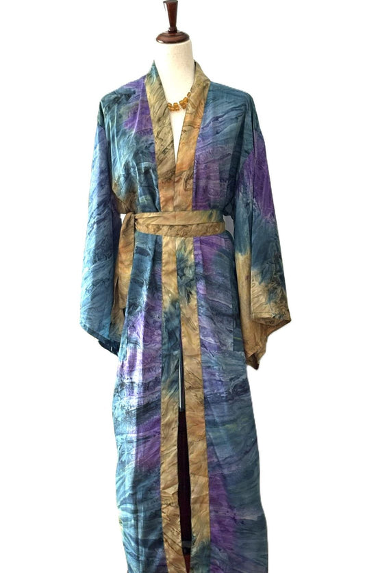 Traditional Long Silk Kimono Duster In A Watercolor Print (Blue)