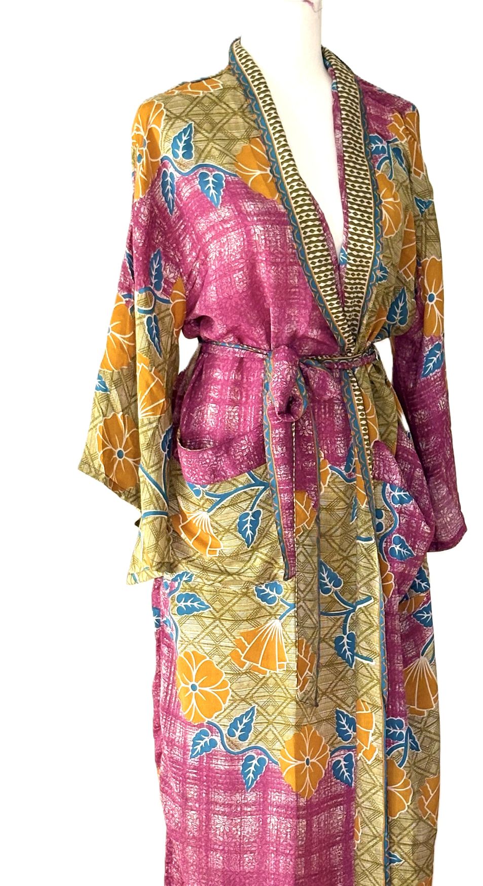 Long Silk Kimono Duster, Dramatic Two Tone And Elegant (Pink)