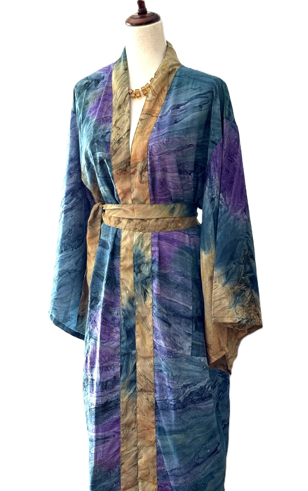 Traditional Long Silk Kimono Duster In A Watercolor Print (Blue)