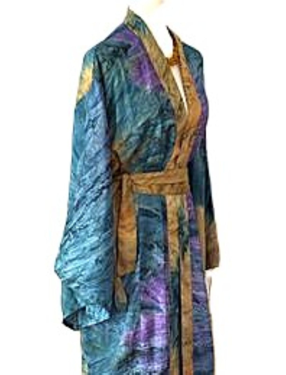 Traditional Long Silk Kimono Duster In A Watercolor Print (Blue)
