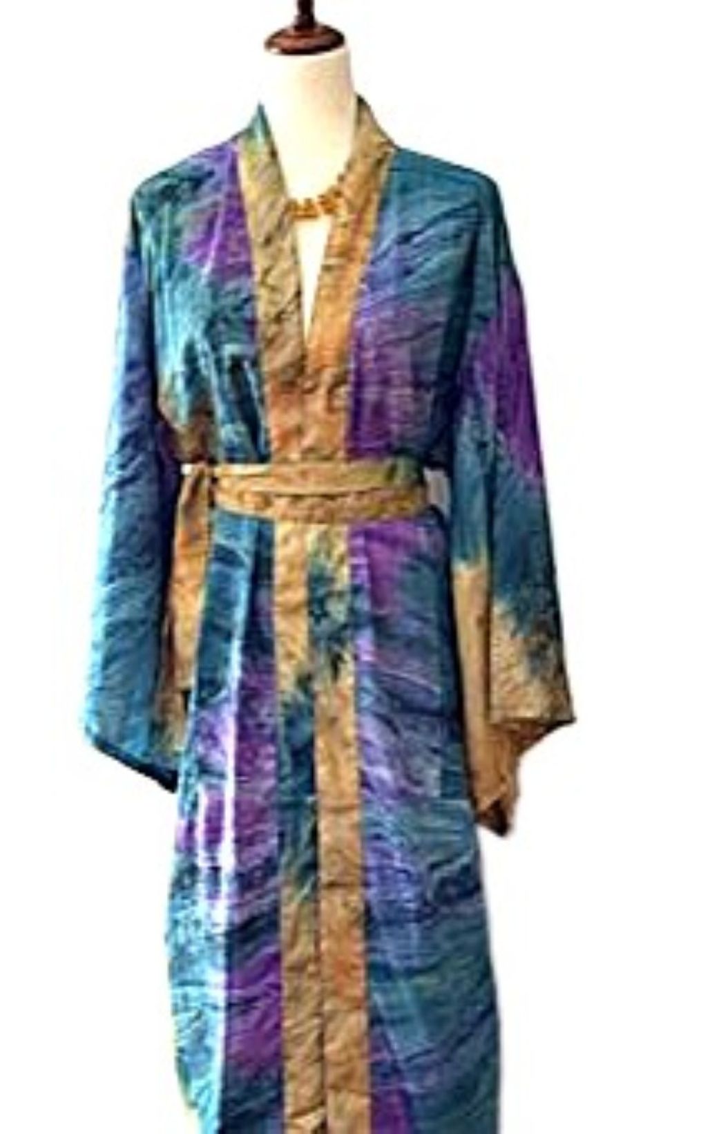 Traditional Long Silk Kimono Duster In A Watercolor Print (Blue)