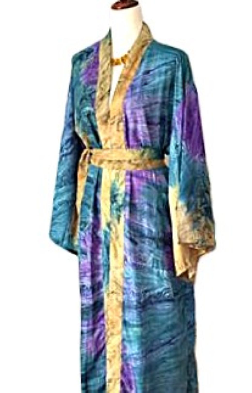 Traditional Long Silk Kimono Duster In A Watercolor Print (Blue)