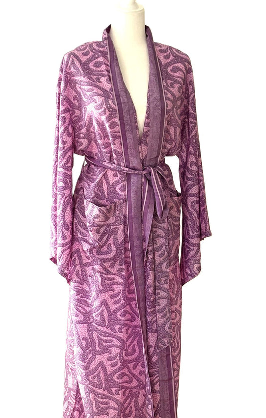 Long Silk Serenity Kimono Duster Is Striking In A Rich, Geometric Print (Lilac)