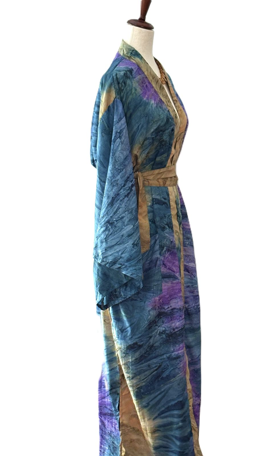 Traditional Long Silk Kimono Duster In A Watercolor Print (Blue)