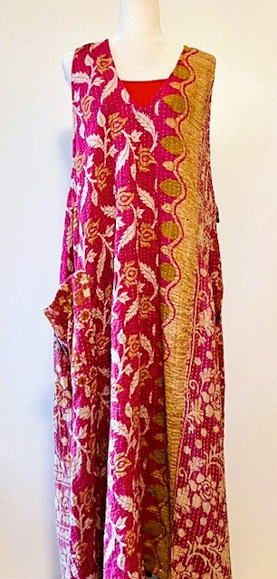 Midi Length Kantha Cotton Jumper or Sleeveless Dress (Rose)