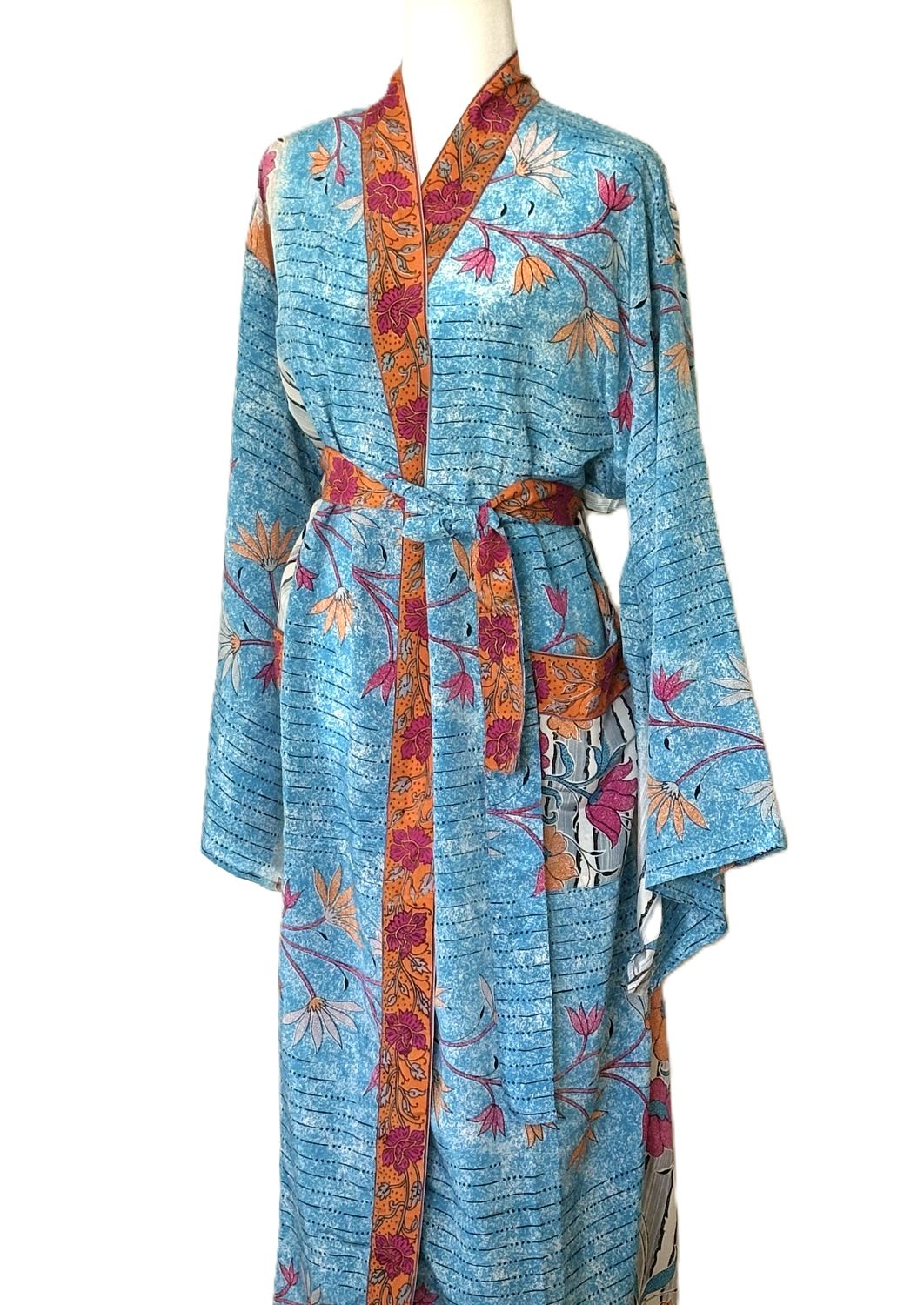 Long Silk Kimono Duster,  Elegant Mixed Print With Contrasting Trim (Aqua)