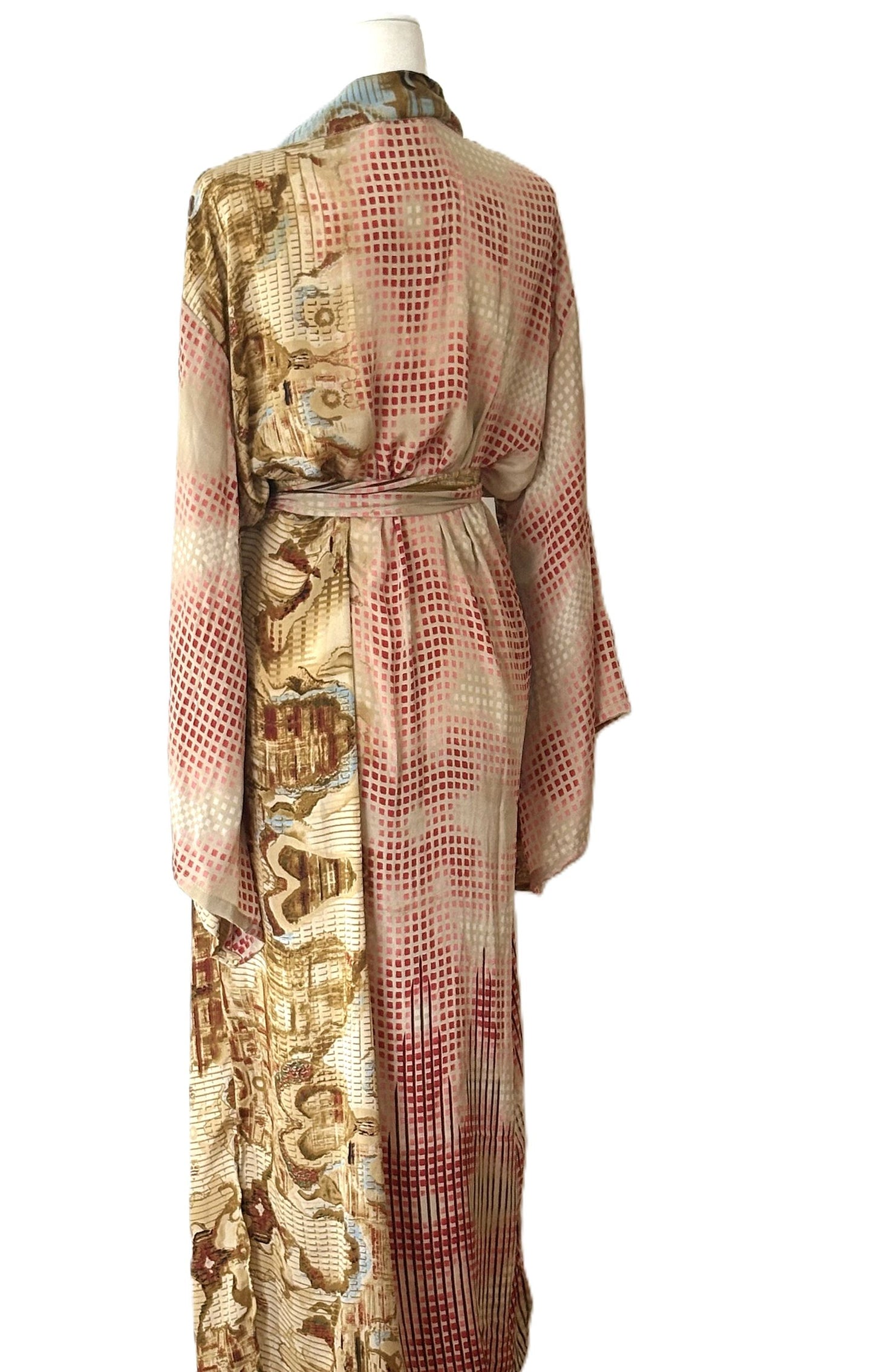 Luxurious and Complex Print Silk Kimono Duster. Bronze