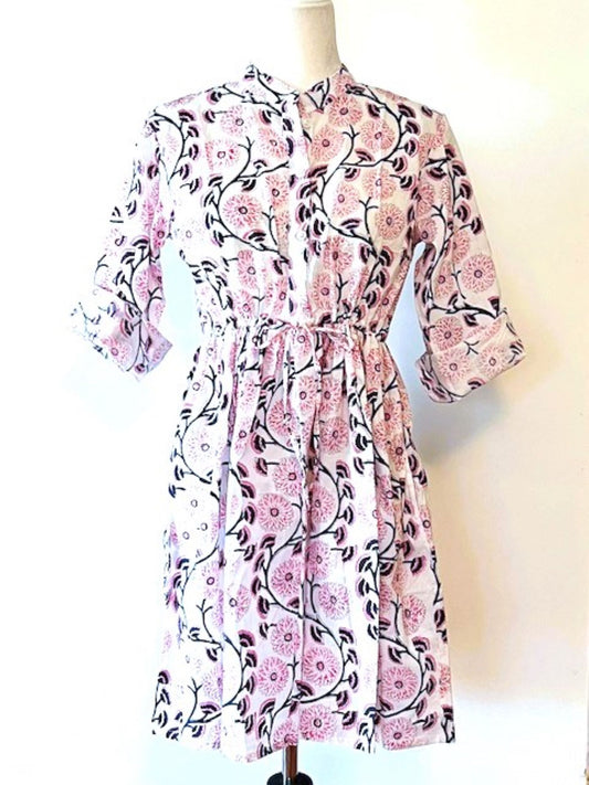 Short And Lively, Updated Block Print Cotton Dress (Pink)