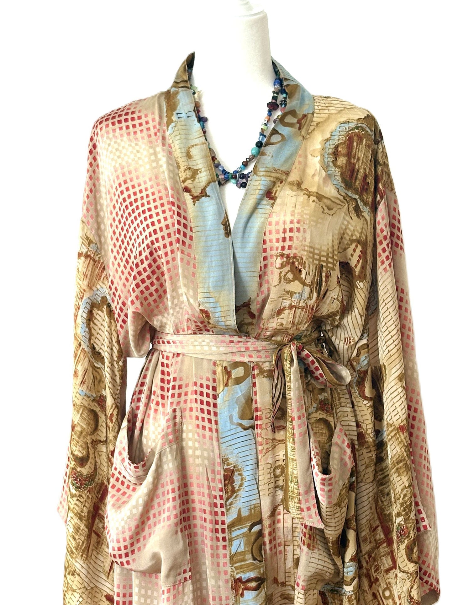 Luxurious and Complex Print Silk Kimono Duster. Bronze