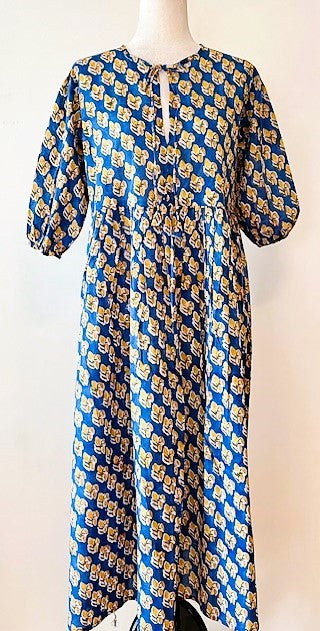 Cotton Block Print Midi Dress Is Captivating in Sea Blue and Marigolds