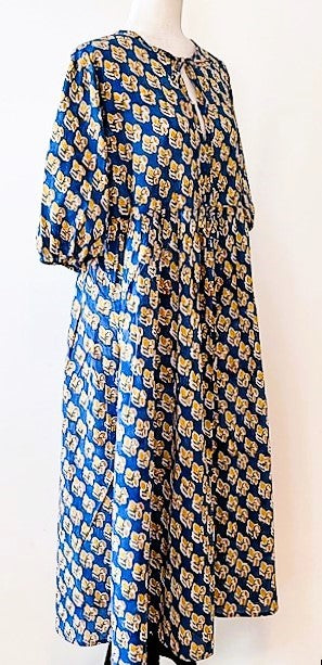 Cotton Block Print Midi Dress Is Captivating in Sea Blue and Marigolds