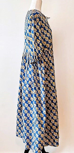 Cotton Block Print Midi Dress Is Captivating in Sea Blue and Marigolds