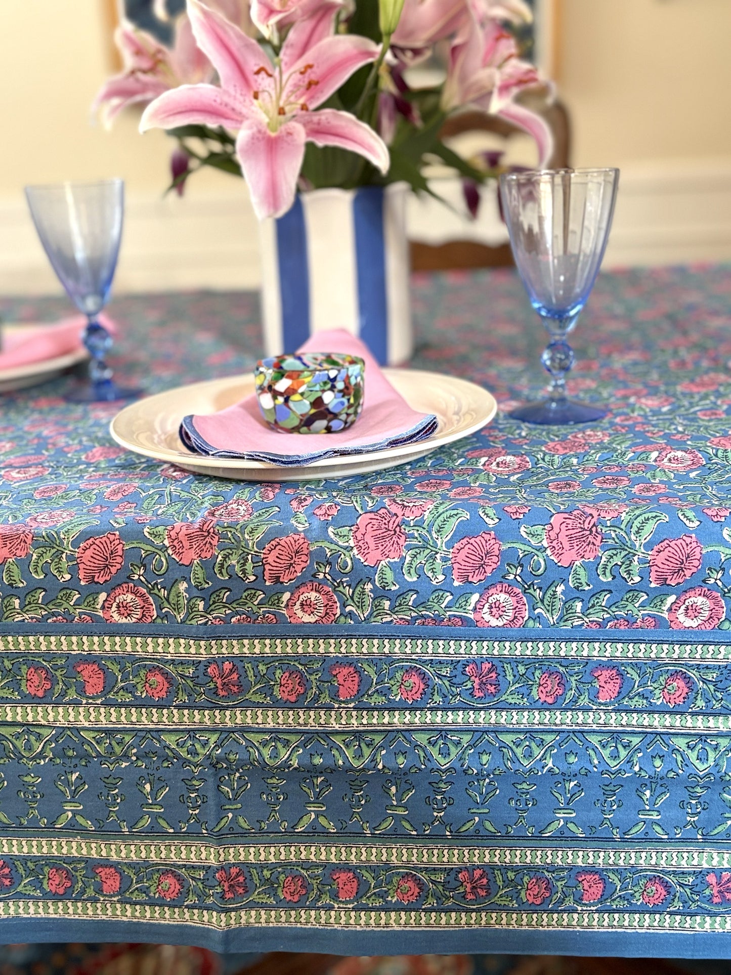 Floral Block Print Tablecloth, "Milli" Displays Spring Blooms. (60 X 90)