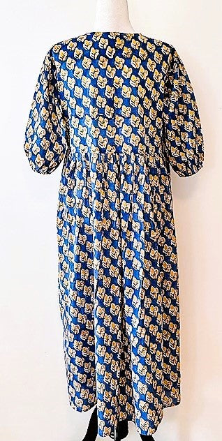 Cotton Block Print Midi Dress Is Captivating in Sea Blue and Marigolds