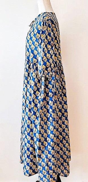 Cotton Block Print Midi Dress Is Captivating in Sea Blue and Marigolds