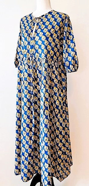 Cotton Block Print Midi Dress Is Captivating in Sea Blue and Marigolds