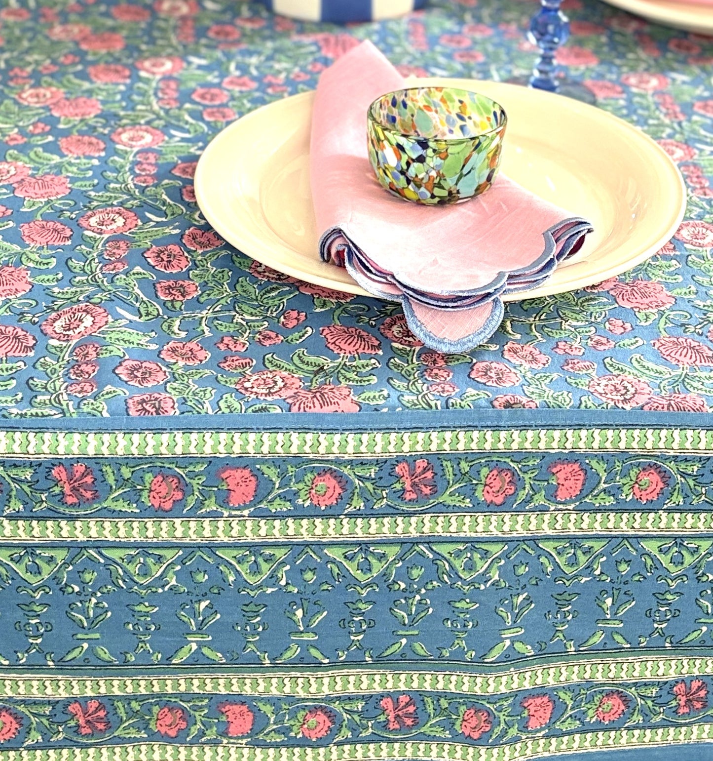 Floral Block Print Tablecloth, "Milli" Displays Spring Blooms. (60 X 90)