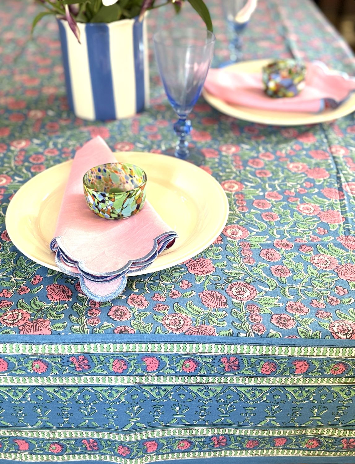 Floral Block Print Tablecloth, "Milli" Displays Spring Blooms. (60 X 90)