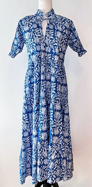 Cotton Block Print Midi Dress Is Slimmed Down and Flattering (Blue and White)