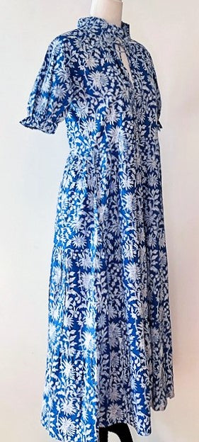 Cotton Block Print Midi Dress Is Slimmed Down and Flattering (Blue and White)