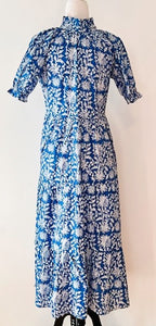Cotton Block Print Midi Dress Is Slimmed Down and Flattering (Blue and White)