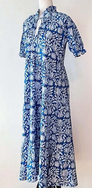 Cotton Block Print Midi Dress Is Slimmed Down and Flattering (Blue and White)