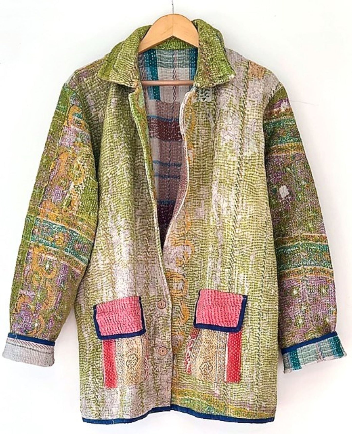 Specialty Collection: Refined, Quilted Hand Embroidered Short Jacket. Fully Reversible. (Avocado)