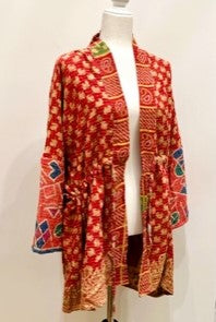 Gorgeous Open Kantha Embroidered Jacket  (Red/Gold Border)