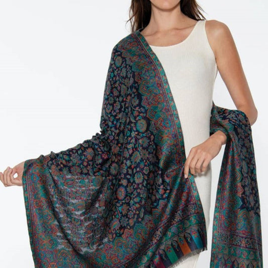 Jamevar Classic Lightweight Jewel Tone Shawl, Blue Multi