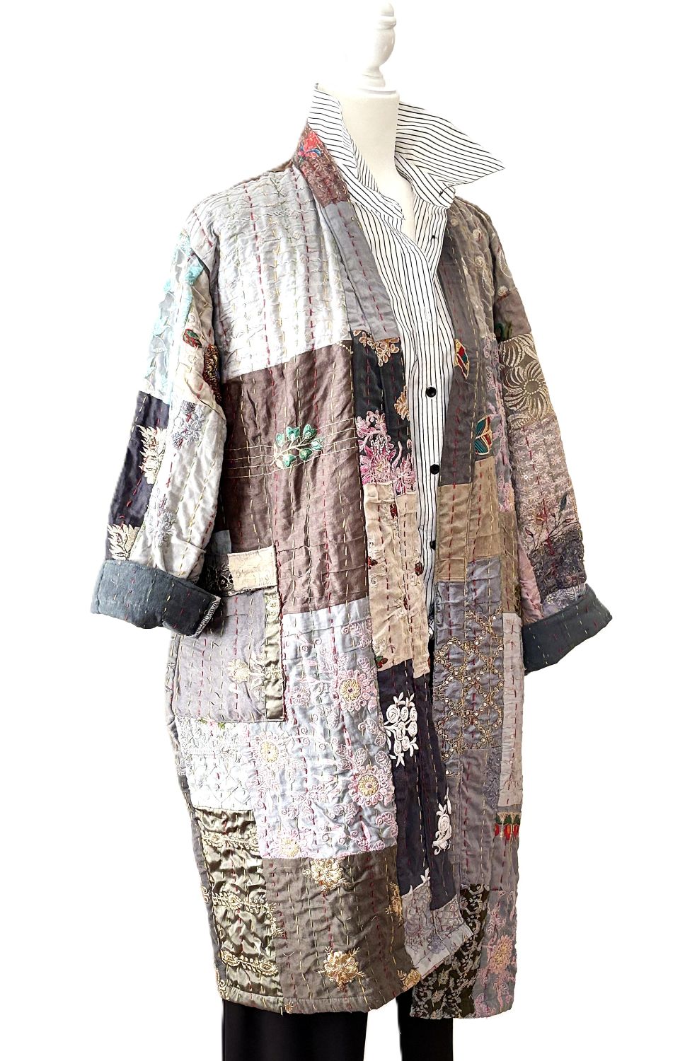 KHAMBADIYA Silk Quilted Patchwork Jacket With Specialty Detailing. Exceptional