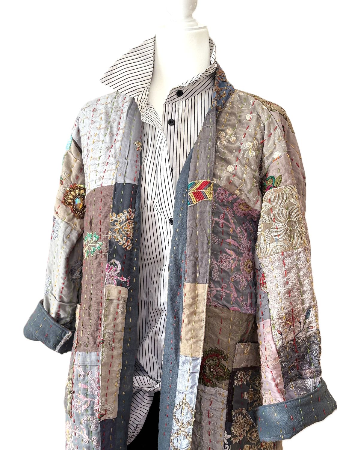 KHAMBADIYA Silk Quilted Patchwork Jacket With Specialty Detailing. Exceptional