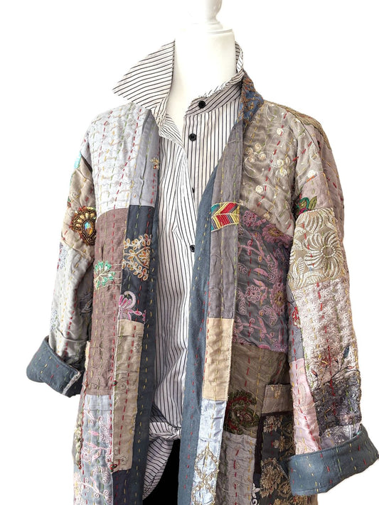 KHAMBADIYA Silk Quilted Patchwork Jacket With Specialty Detailing. Exceptional