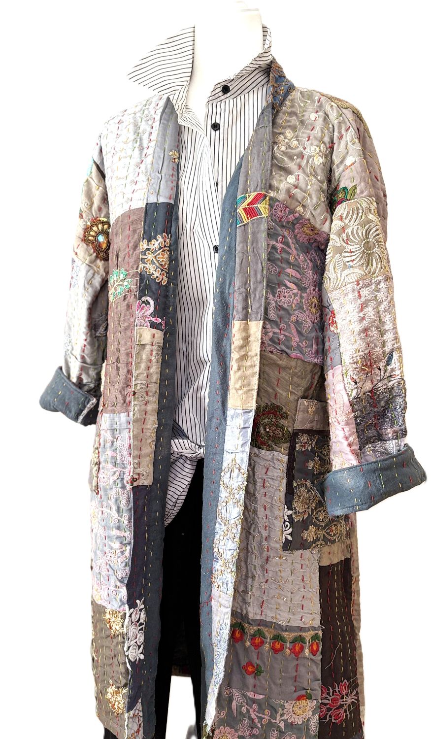 KHAMBADIYA Silk Quilted Patchwork Jacket With Specialty Detailing. Exceptional