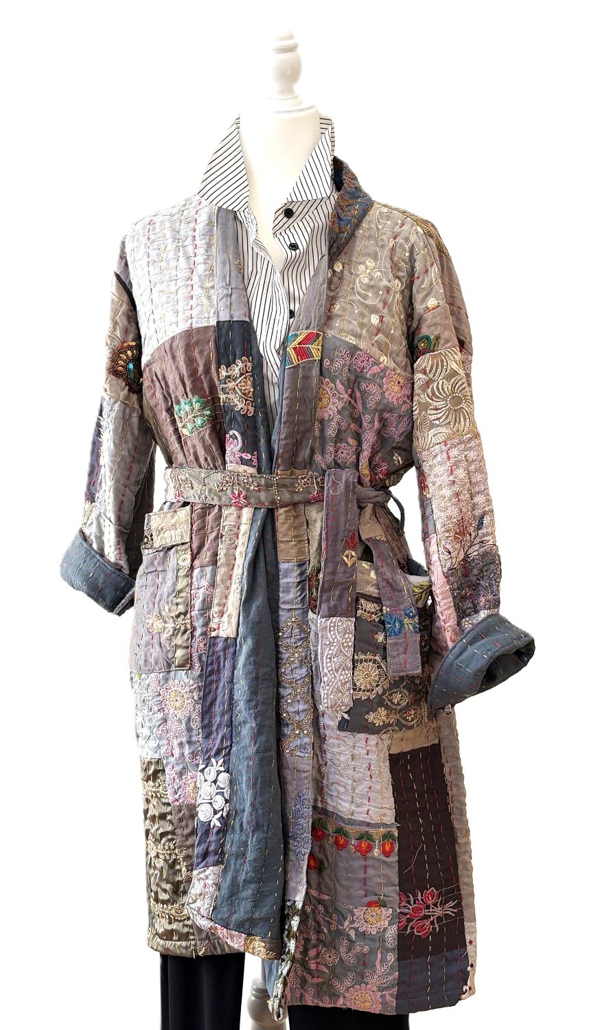KHAMBADIYA Silk Quilted Patchwork Jacket With Specialty Detailing. Exceptional
