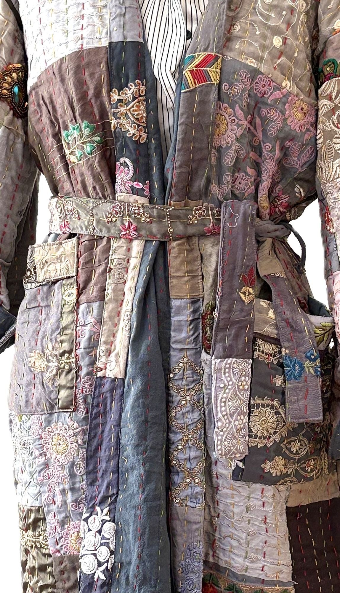 KHAMBADIYA Silk Quilted Patchwork Jacket With Specialty Detailing. Exceptional