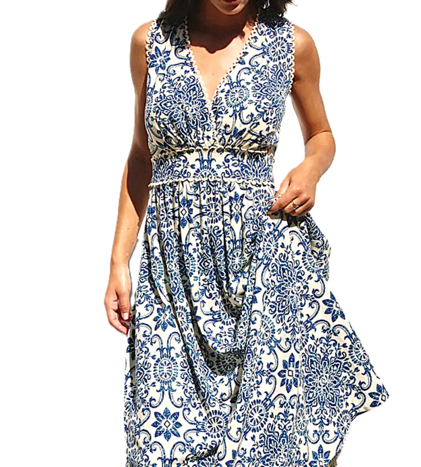Dresses: Sleeveless Summer in Capri Scalloped Lace Maxi (Navy White)