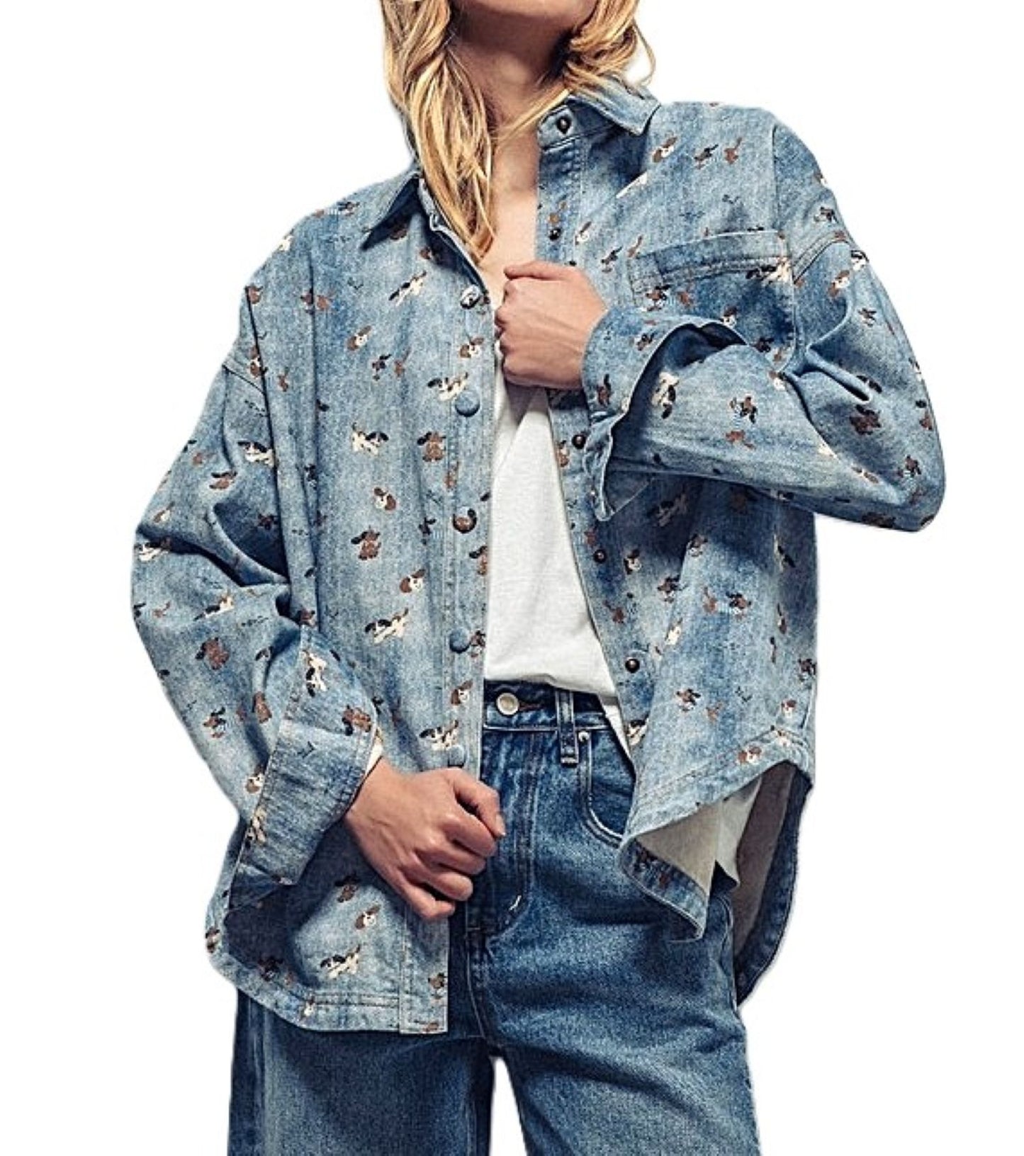 Top:  "Gone To The Dogs" Lightweight Denim Shacket Printed With Dogs. Adorable.