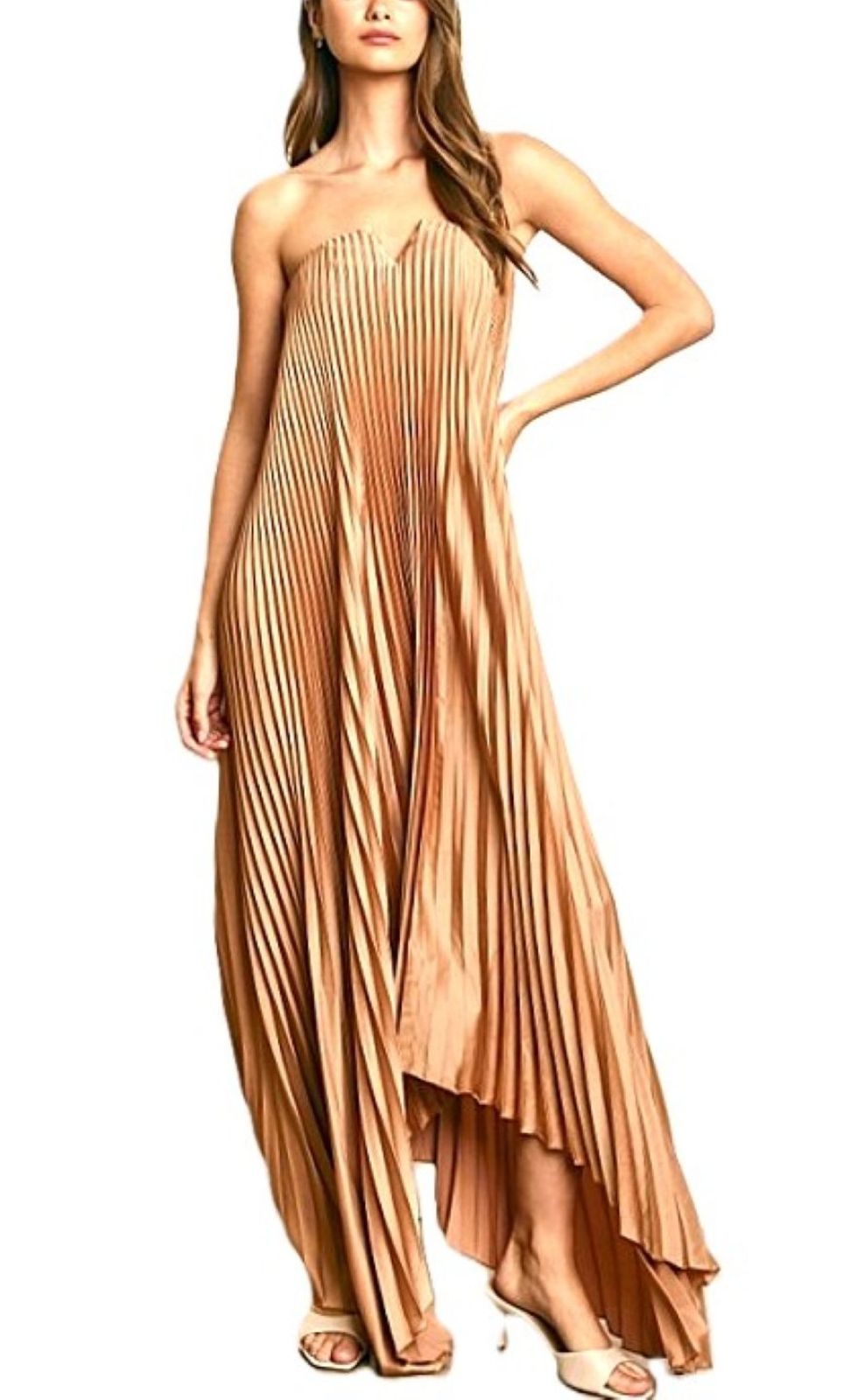 Dresses, Satin Strapless Pleated Maxi Column. Statement Piece (2 Colors).