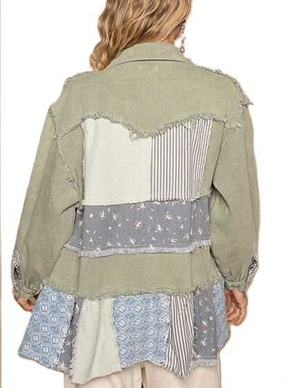 Collared Floral Patchwork Jacket, Frayed Hem Vintage Wash. New Best Seller.