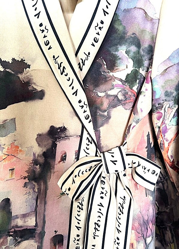 Italian Watercolor Landscape Suede Wrap Jacket: Brushed Polyester, Left-Tie Closure (Blush)