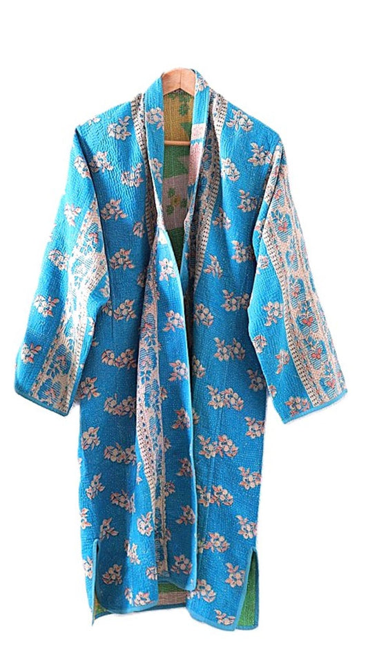 Jacket - Wearable Art,  Embroidered, Fully Reversible Boho Kimono: Handmade (Blue).