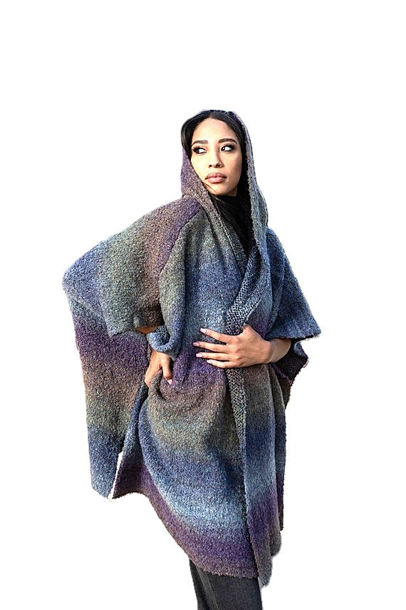 Jacket: Hooded Kimono Multicolor Gradient Blends Of Blues. Comfy.