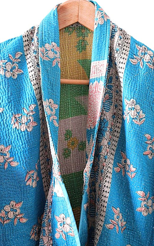 Jacket - Wearable Art,  Embroidered, Fully Reversible Boho Kimono: Handmade (Blue).