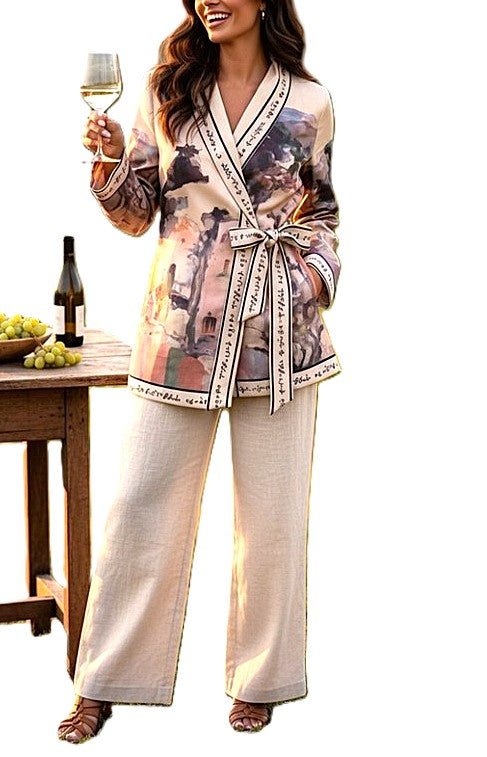 Italian Watercolor Landscape Suede Wrap Jacket: Brushed Polyester, Left-Tie Closure (Blush)